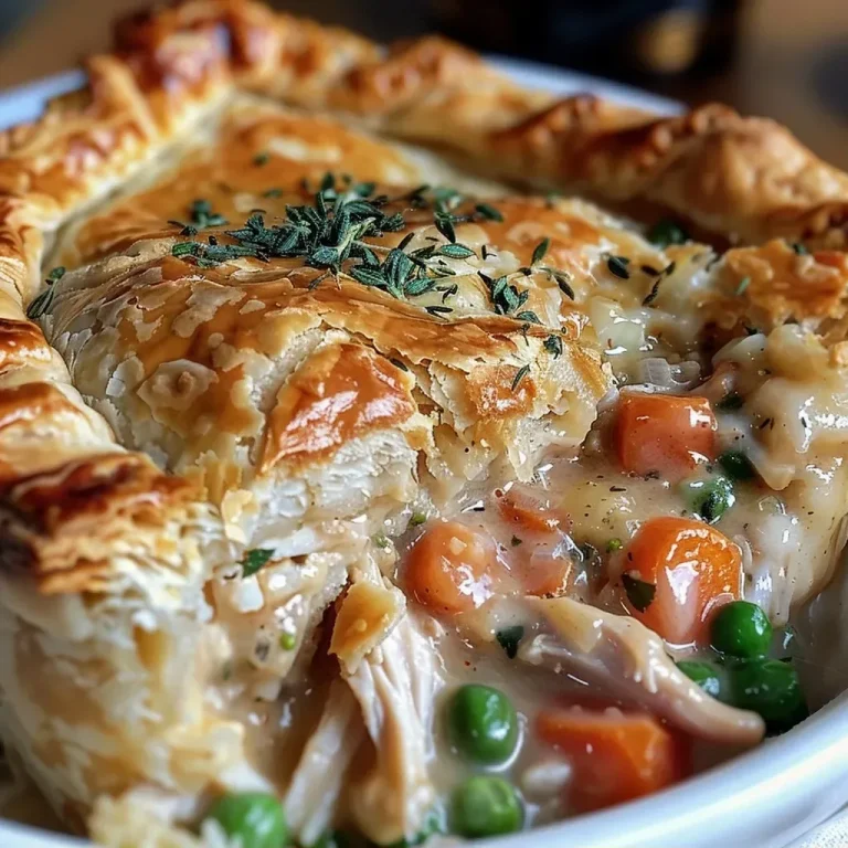 ['A close-up side view of a golden brown puff pastry chicken pot pie with steam rising.', 'A mouthwatering puff pastry chicken pot pie, showcasing its flaky crust and hearty filling.', 'A detailed side view of a puff pastry chicken pot pie, highlighting the juicy filling and crisp exterior.', 'A close-up image of a puff pastry chicken pot pie, with visible chunks of chicken and vegetables.']