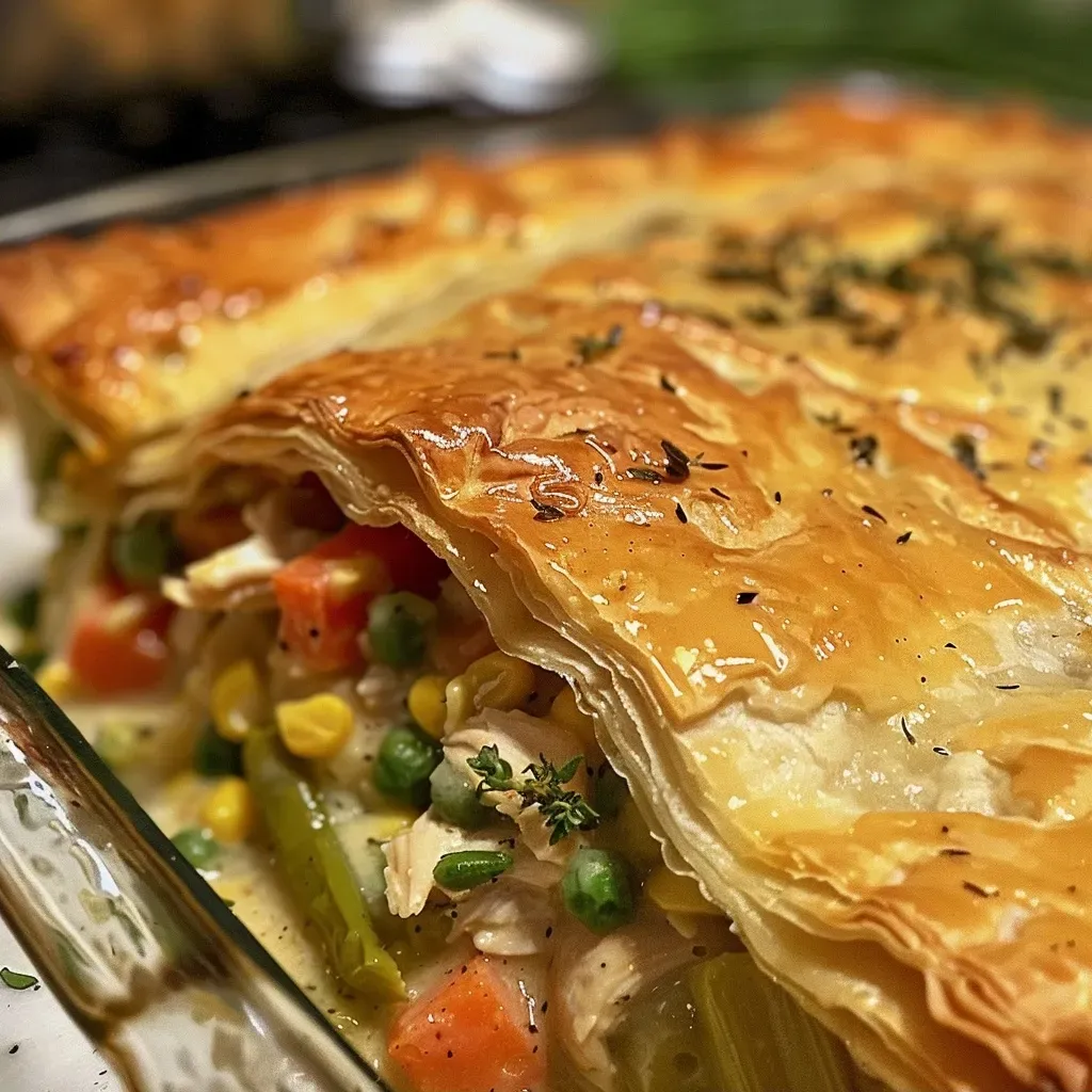['A close-up side view of a golden brown puff pastry chicken pot pie with steam rising.', 'A mouthwatering puff pastry chicken pot pie, showcasing its flaky crust and hearty filling.', 'A detailed side view of a puff pastry chicken pot pie, highlighting the juicy filling and crisp exterior.', 'A close-up image of a puff pastry chicken pot pie, with visible chunks of chicken and vegetables.']