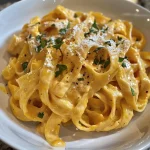 ['Close-up view of creamy Pumpkin Alfredo pasta with fettuccine.', 'Side view of a plate filled with rich Pumpkin Alfredo and herbs.', 'Juicy Pumpkin Alfredo pasta topped with fresh parsley and Parmesan.', 'Detailed shot of fettuccine coated in vibrant pumpkin sauce.']