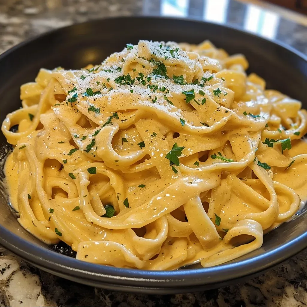 ['Close-up view of creamy Pumpkin Alfredo pasta with fettuccine.', 'Side view of a plate filled with rich Pumpkin Alfredo and herbs.', 'Juicy Pumpkin Alfredo pasta topped with fresh parsley and Parmesan.', 'Detailed shot of fettuccine coated in vibrant pumpkin sauce.']