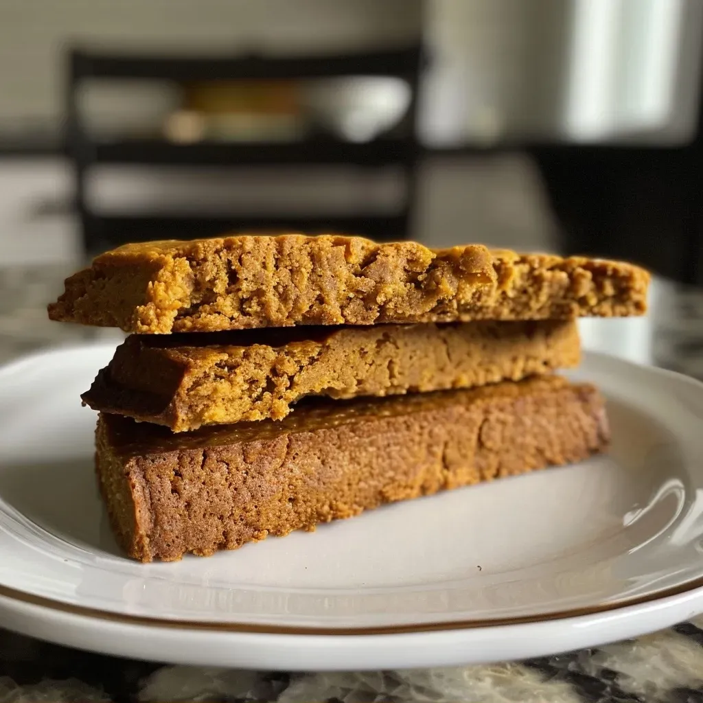 ['Close-up of Pumpkin Biscotti showcasing a golden-brown exterior with cracks and drizzled icing.', 'Side view of Pumpkin Biscotti displaying its textured surface and vibrant orange hue.', 'Detailed image of sliced Pumpkin Biscotti highlighting the spices and pumpkin puree within.', 'Close-up of two pieces of Pumpkin Biscotti with a sprinkle of icing sugar on top.']