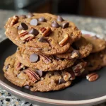 ['Close-up view of freshly baked Pumpkin Chocolate Chip Cookies with a golden-brown exterior.', 'Side view of soft pumpkin cookies dotted with semi-sweet chocolate chips.', 'Juicy pumpkin chocolate chip cookies showcasing a chewy texture and rich colors.', 'Close-up of a stack of chocolate chip-infused pumpkin cookies with a warm, inviting appearance.']
