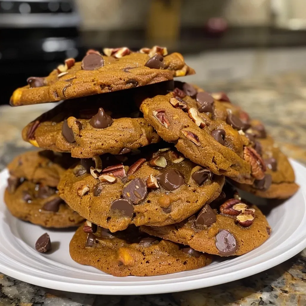 ['Close-up view of freshly baked Pumpkin Chocolate Chip Cookies with a golden-brown exterior.', 'Side view of soft pumpkin cookies dotted with semi-sweet chocolate chips.', 'Juicy pumpkin chocolate chip cookies showcasing a chewy texture and rich colors.', 'Close-up of a stack of chocolate chip-infused pumpkin cookies with a warm, inviting appearance.']
