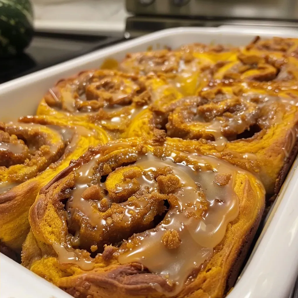 ['A close-up side view of warm Pumpkin Cinnamon Rolls topped with a glossy salted maple cream cheese.', 'Side view of freshly baked Pumpkin Cinnamon Rolls drizzled with cream cheese frosting, showcasing layers and texture.', 'Delicious Pumpkin Cinnamon Rolls with a smooth cream cheese topping, capturing the rich colors and moist texture.', 'Close-up image featuring pumpkin-spiced cinnamon rolls with a creamy salted maple frosting, emphasizing their decadent appearance.']