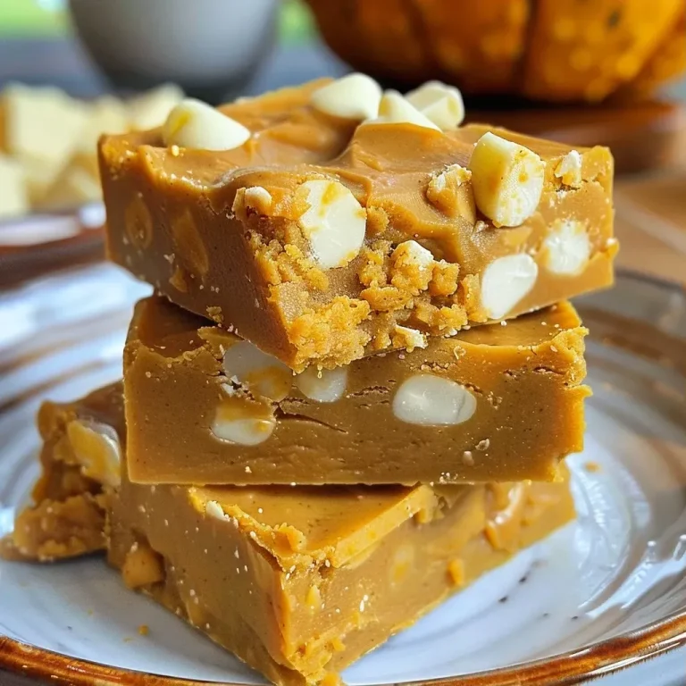 ['Close-up view of creamy pumpkin fudge, showcasing its rich texture and golden-orange color.', 'Side angle of pumpkin fudge with a smooth surface, highlighting its luscious layers.', 'Detailed shot of pumpkin fudge, emphasizing a vibrant orange hue and chocolatey drizzle.', 'Side profile of pumpkin fudge pieces stacked, revealing a soft and appealing texture.']