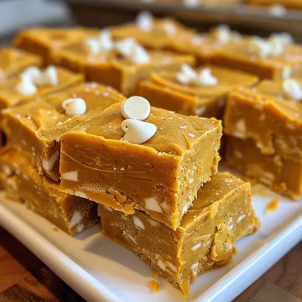 Close-up view of creamy pumpkin fudge, showcasing its rich texture and golden-orange color.