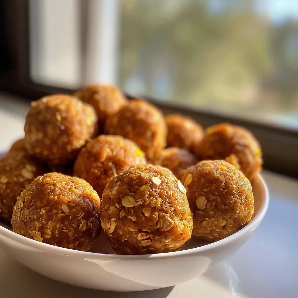 ['Close-up view of golden-brown pumpkin protein balls on a wooden surface.', 'Side view of pumpkin protein balls with a soft texture and pumpkin seeds sprinkled on top.', 'Array of round, orange-hued protein balls displayed on a rustic table.', 'Juicy pumpkin protein balls arranged neatly, highlighting their chewy consistency.']