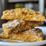 ['Close-up view of golden-brown pumpkin scones with a flaky texture.', 'Side angle of delicious pumpkin scones, showcasing their moist interior.', 'Freshly baked pumpkin scones with a dusting of powdered sugar on top.', 'A plate of pumpkin scones highlighting their warm, inviting color.']
