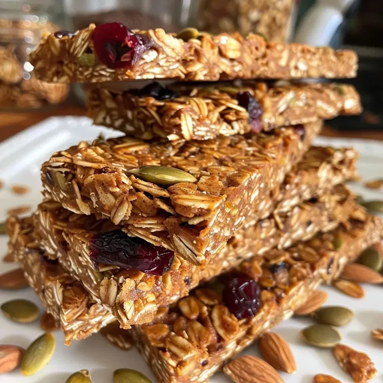 ['Close-up view of pumpkin spice granola bars with a golden-brown hue and visible cranberries and seeds.', 'Side view of chewy pumpkin spice granola bars showcasing oats and a sprinkle of pepitas.', 'Detailed shot of homemade pumpkin spice granola bars, highlighting textures and ingredients like cranberries and oats.', 'Close-up image of pumpkin spice granola bars, featuring a rustic, wholesome appearance and colorful ingredients.']