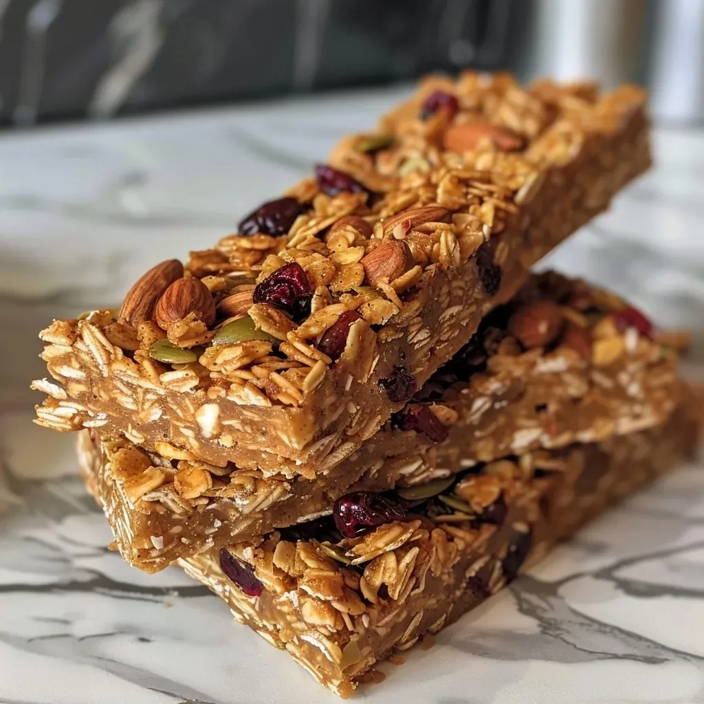 Close-up view of pumpkin spice granola bars with a golden-brown hue and visible cranberries and seeds.