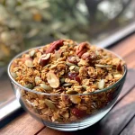 ['Close-up view of Pumpkin Spice Granola in a bowl, showcasing oats and pumpkin seeds.', 'Side view of a vibrant bowl of Pumpkin Spice Granola with spices visible.', 'Detailed close-up of Pumpkin Spice Granola with visible chunks of pumpkin and seeds.', 'A bowl filled with Pumpkin Spice Granola, displaying its crunchy texture and autumnal colors.']