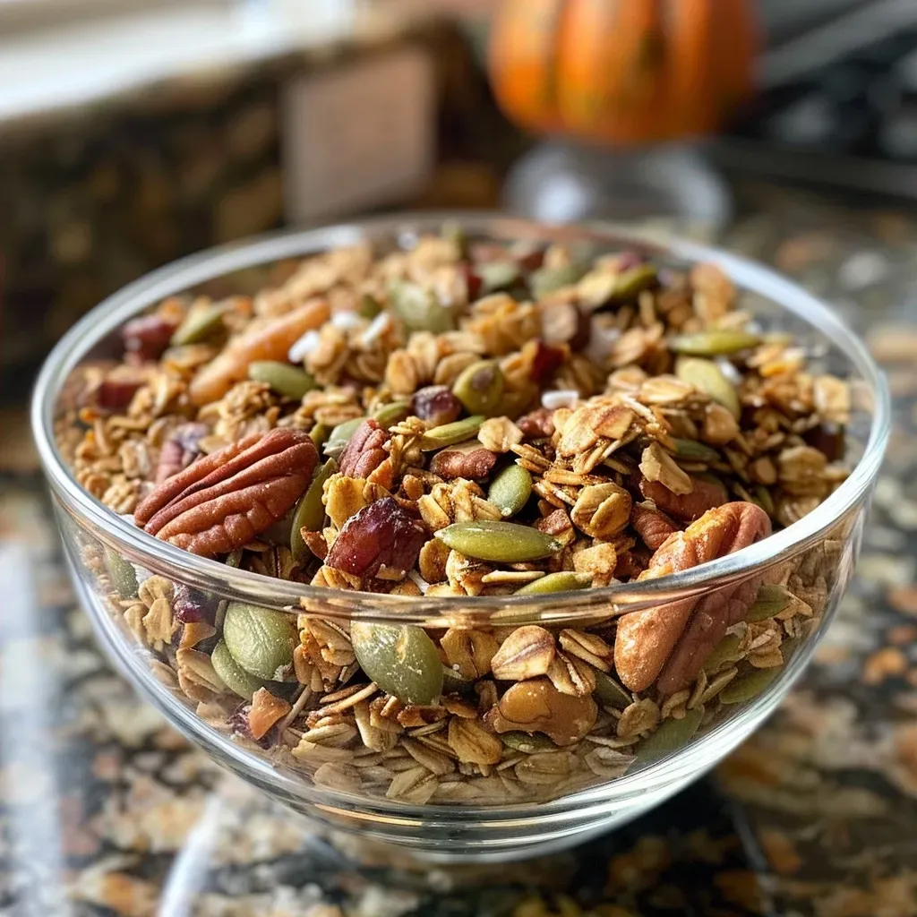 ['Close-up view of Pumpkin Spice Granola in a bowl, showcasing oats and pumpkin seeds.', 'Side view of a vibrant bowl of Pumpkin Spice Granola with spices visible.', 'Detailed close-up of Pumpkin Spice Granola with visible chunks of pumpkin and seeds.', 'A bowl filled with Pumpkin Spice Granola, displaying its crunchy texture and autumnal colors.']