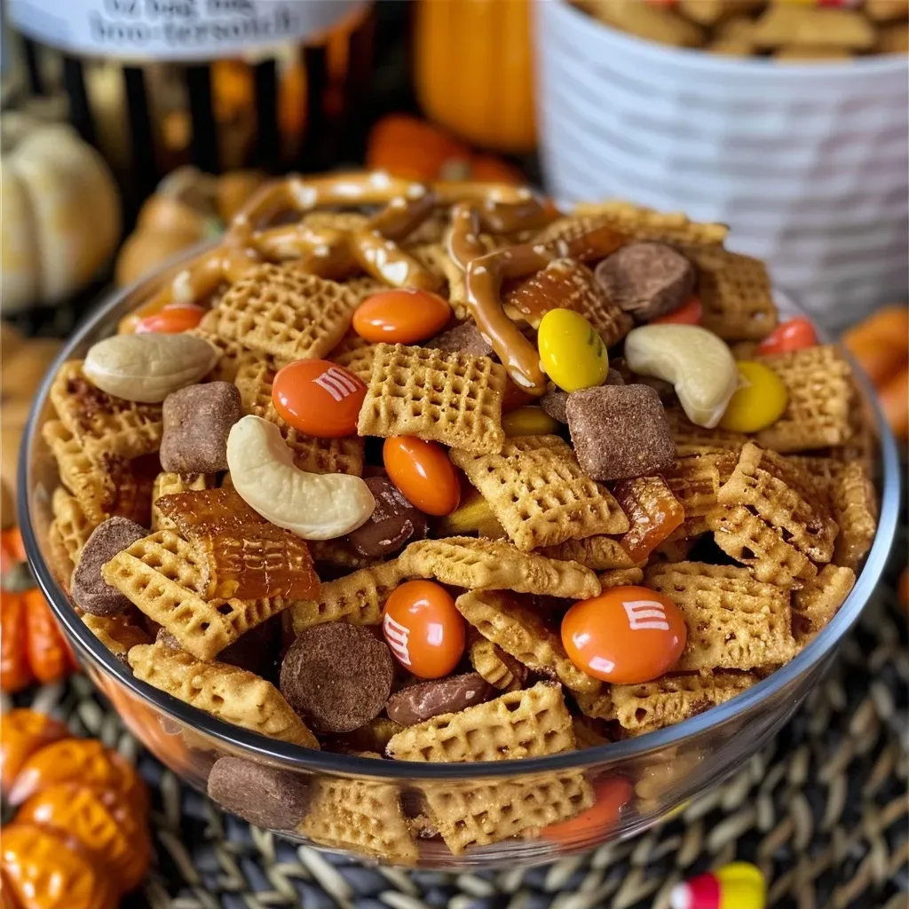 ['A close-up view of Pumpkin Spice Snack Mix, showcasing its colorful ingredients.', 'A side view of a bowl filled with Pumpkin Spice Snack Mix, featuring cereal, pretzels, and candies.', 'An iPhone 15 Pro shot of a delicious mix of pumpkin spice-flavored snacks including candy and cereal.', 'An appetizing display of Pumpkin Spice Snack Mix with a variety of textures and colors.']