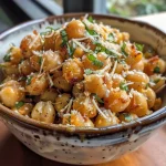 ['Close-up view of roasted garlic chickpeas garnished with herbs and parmesan.', 'Glazed roasted chickpeas with garlic and cheese, viewed from the side.', 'Crispy roasted chickpeas in a bowl, featuring herbs and a sprinkle of parmesan.', 'Side shot of juicy roasted chickpeas, golden brown and seasoned.']