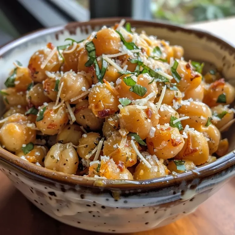['Close-up view of roasted garlic chickpeas garnished with herbs and parmesan.', 'Glazed roasted chickpeas with garlic and cheese, viewed from the side.', 'Crispy roasted chickpeas in a bowl, featuring herbs and a sprinkle of parmesan.', 'Side shot of juicy roasted chickpeas, golden brown and seasoned.']