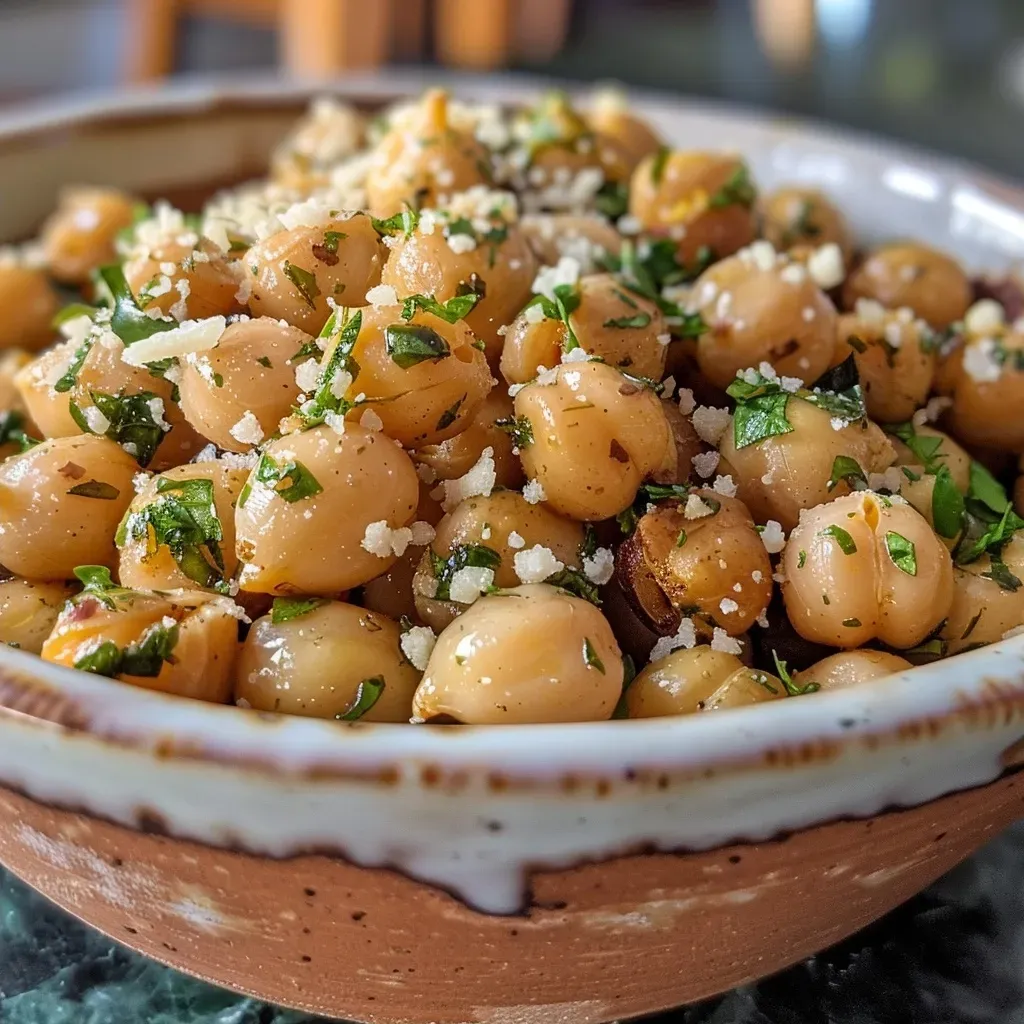 ['Close-up view of roasted garlic chickpeas garnished with herbs and parmesan.', 'Glazed roasted chickpeas with garlic and cheese, viewed from the side.', 'Crispy roasted chickpeas in a bowl, featuring herbs and a sprinkle of parmesan.', 'Side shot of juicy roasted chickpeas, golden brown and seasoned.']