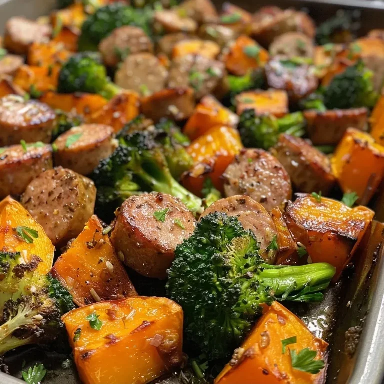 ['Close-up view of juicy sausage and sweet potatoes with broccoli on a sheet pan.', 'A side perspective of a sheet pan filled with roasted chicken sausage, sweet potatoes, and garlic sauce.', 'Colorful dish of sliced sausage and cubed sweet potatoes garnished with parsley and garlic.', 'A vibrant arrangement of cooked sausage, sweet potatoes, and broccoli drizzled with honey garlic sauce.']
