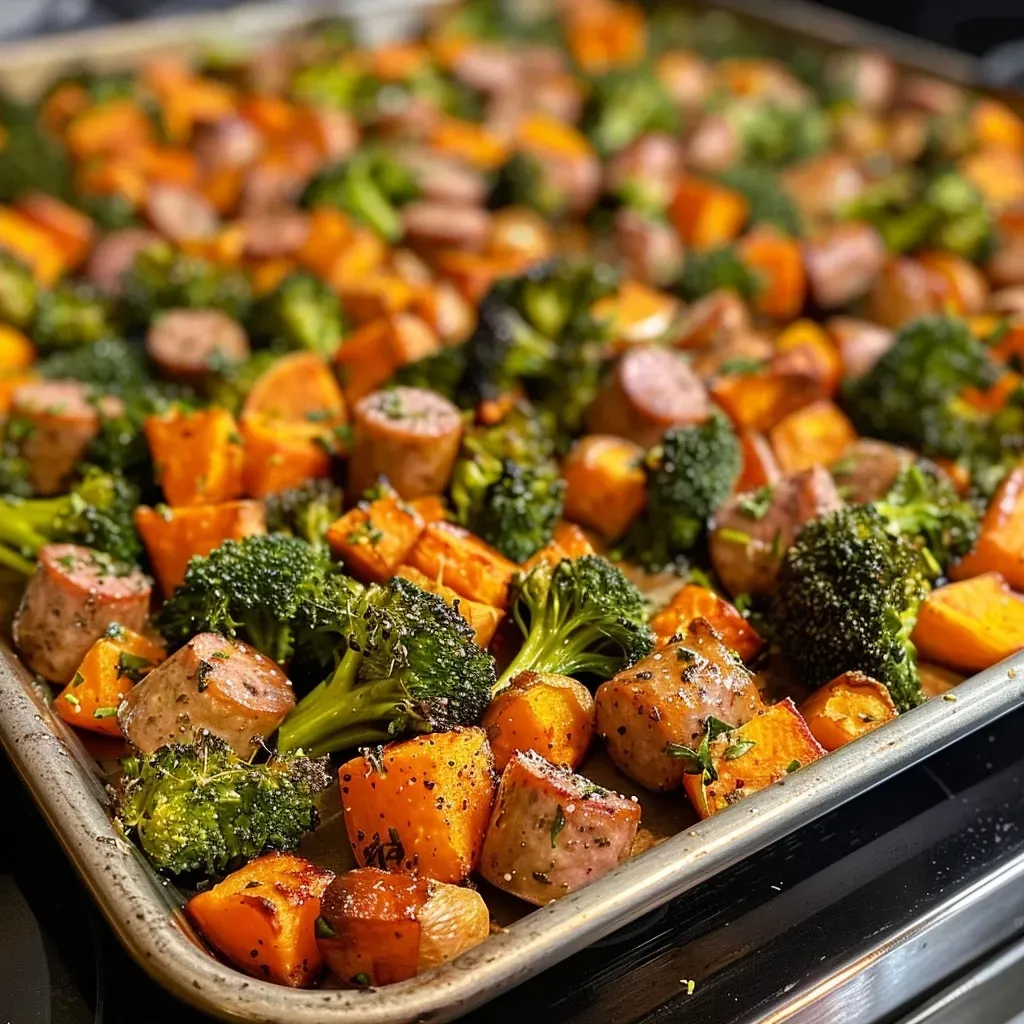 ['Close-up view of juicy sausage and sweet potatoes with broccoli on a sheet pan.', 'A side perspective of a sheet pan filled with roasted chicken sausage, sweet potatoes, and garlic sauce.', 'Colorful dish of sliced sausage and cubed sweet potatoes garnished with parsley and garlic.', 'A vibrant arrangement of cooked sausage, sweet potatoes, and broccoli drizzled with honey garlic sauce.']
