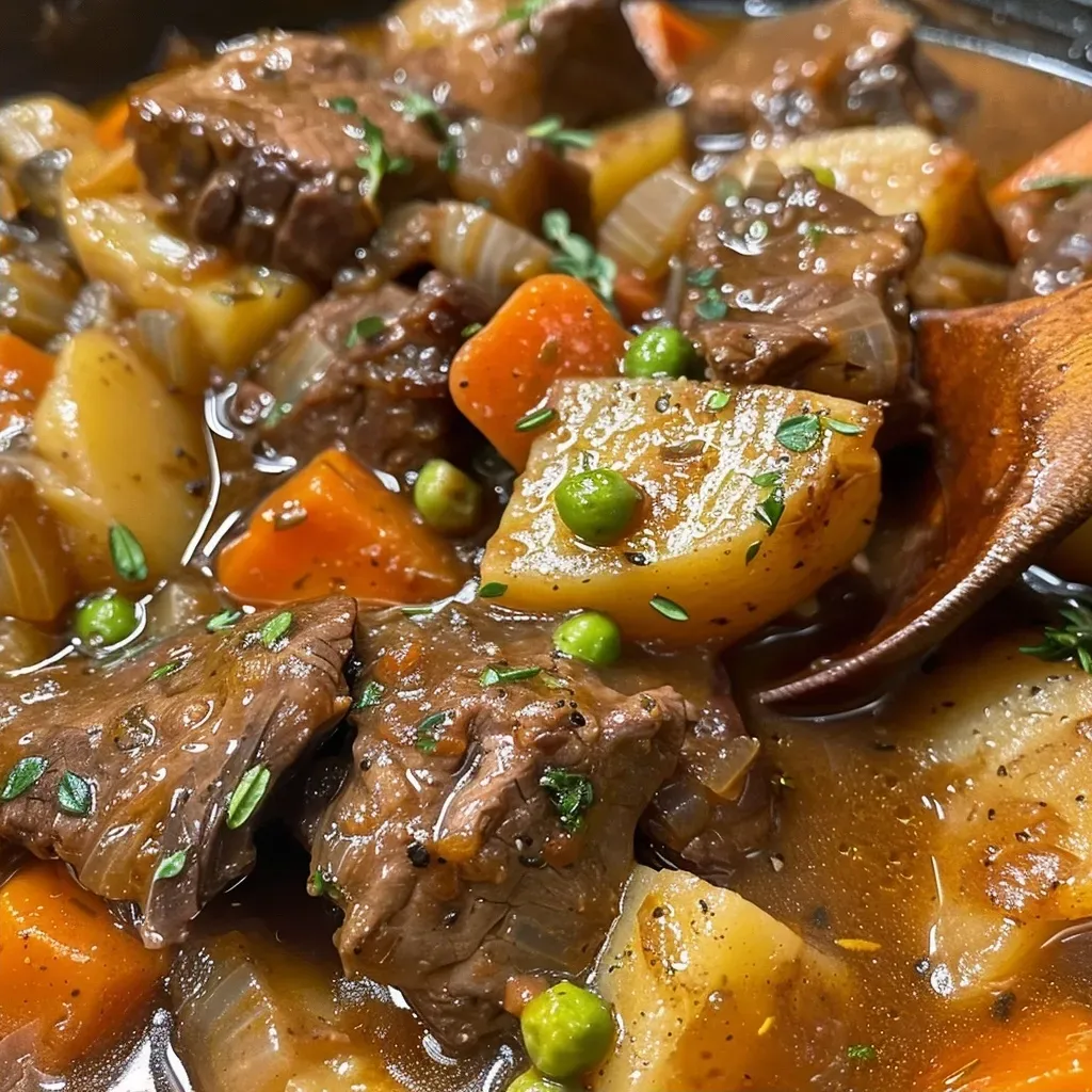 Juicy slow cooker beef stew with colorful vegetables, glistening in a bowl.