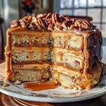 ['Side view of a Toffee Pecan Caramel Cake with a glossy caramel cream cheese frosting.', 'Close-up image of a moist Toffee Pecan Caramel Cake showcasing its layered frosting.', 'Detailed view of a Toffee Pecan Caramel Cake featuring pecans and rich caramel icing.', 'Appetizing side shot of a caramel cake decorated with toffee and pecans.']