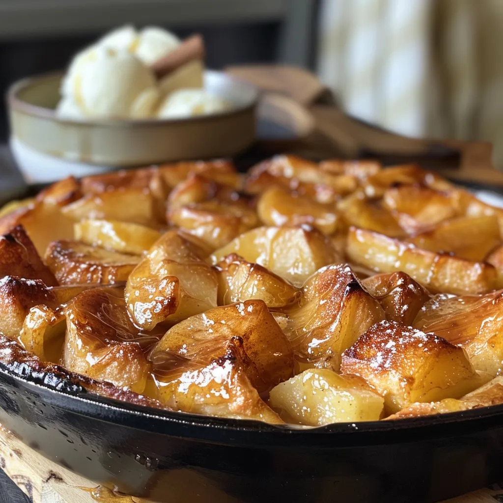 ['Close-up of a caramelised apple Dutch baby with golden brown edges and apple slices on top.', 'Side view of a fluffy Dutch baby pancake topped with caramelised apples and cinnamon.', 'Juicy caramelised apple Dutch baby nestled in a skillet, garnished with a sprinkle of cinnamon.', 'Golden caramelised apple Dutch baby showcasing thick apple wedges and a dollop of ice cream.']
