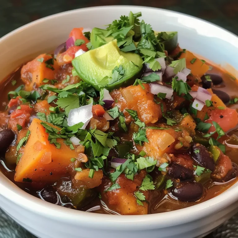 ['Close-up view of a bowl filled with Sweet Potato Black Bean Chili topped with diced avocado and cilantro.', 'Side view of a vibrant Sweet Potato Black Bean Chili garnished with tortilla strips and a dollop of vegan sour cream.', 'Hearty bowl of Sweet Potato Black Bean Chili showcasing sweet potatoes, black beans, and fresh toppings.', 'Appetizing image of Sweet Potato Black Bean Chili with colorful ingredients like diced onion and jalapeno.']
