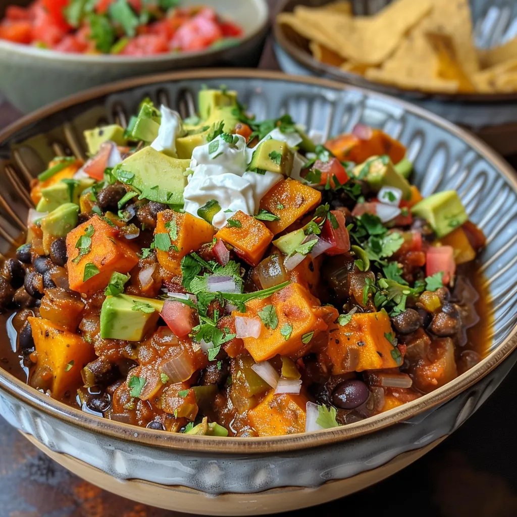 ['Close-up view of a bowl filled with Sweet Potato Black Bean Chili topped with diced avocado and cilantro.', 'Side view of a vibrant Sweet Potato Black Bean Chili garnished with tortilla strips and a dollop of vegan sour cream.', 'Hearty bowl of Sweet Potato Black Bean Chili showcasing sweet potatoes, black beans, and fresh toppings.', 'Appetizing image of Sweet Potato Black Bean Chili with colorful ingredients like diced onion and jalapeno.']