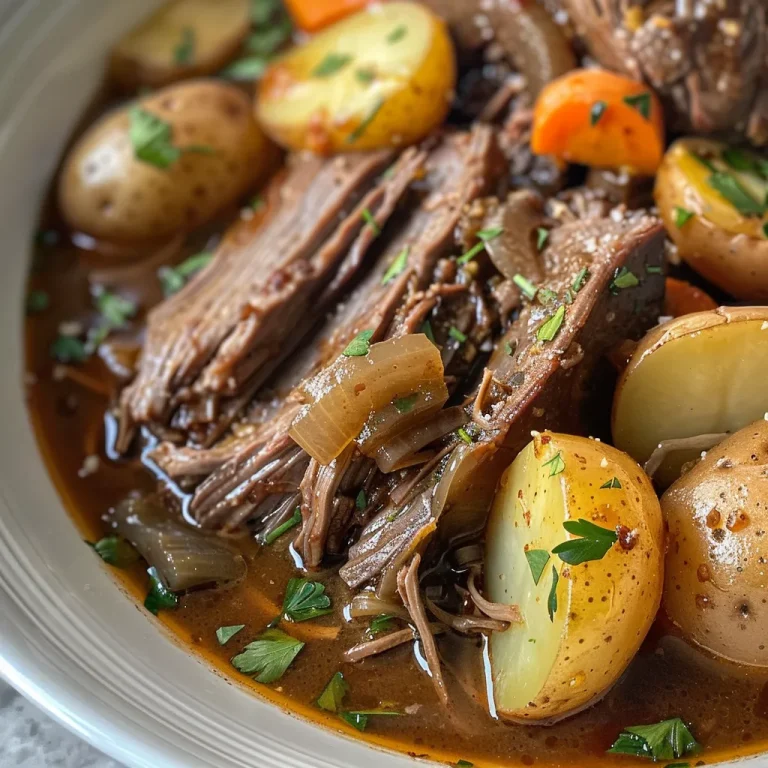 ['Close-up side view of a juicy Crock Pot Pot Roast with vegetables.', 'Detailed image of Crock Pot Pot Roast featuring tender meat and vibrant carrots.', 'Side profile of a succulent Crock Pot Pot Roast surrounded by herbs and potatoes.', 'Close-up of a flavorful Crock Pot Pot Roast showcasing rich colors and textures.']