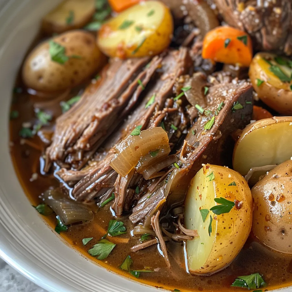 ['Close-up side view of a juicy Crock Pot Pot Roast with vegetables.', 'Detailed image of Crock Pot Pot Roast featuring tender meat and vibrant carrots.', 'Side profile of a succulent Crock Pot Pot Roast surrounded by herbs and potatoes.', 'Close-up of a flavorful Crock Pot Pot Roast showcasing rich colors and textures.']