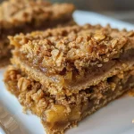 Close-up view of apple bars topped with cinnamon oat streusel.