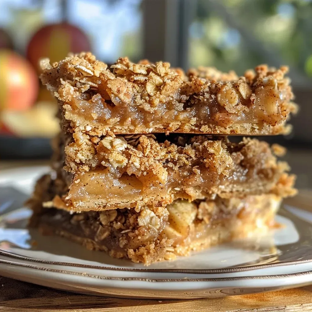 Side view of golden brown apple bars with a crumbly topping.
