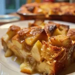 Close-up view of a slice of apple bread pudding, highlighting juicy apple chunks and a golden-brown crust.