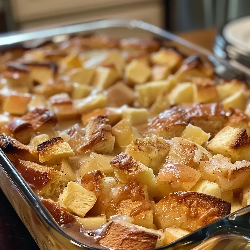 Side view of warm apple bread pudding, showcasing its rich texture and apple pieces nestled in the bread.