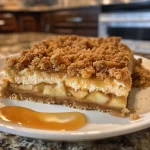Close-up view of apple cheesecake bars with a crumbly streusel topping.
