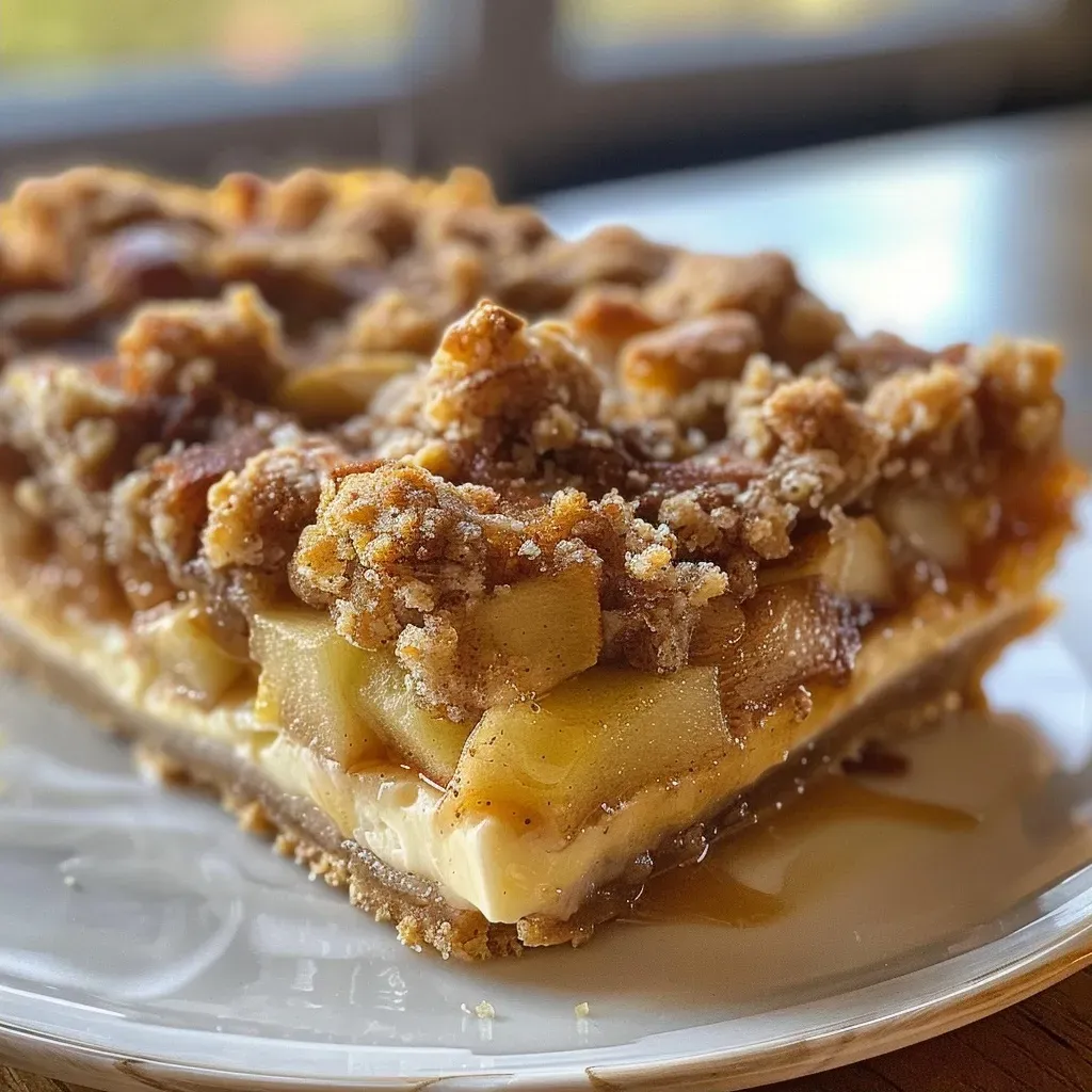 Side angle shot of golden apple cheesecake bars showcasing their layers and texture.