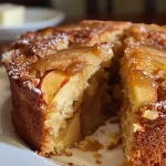 Close-up side view of a slice of moist Apple Cider Cake topped with a buttery cinnamon sugar crust.