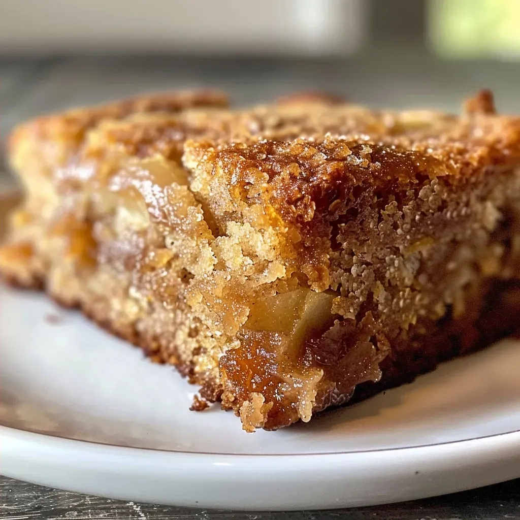 A delicious slice of Apple Cider Cake showcasing its yellow sponge and sweet apple topping.