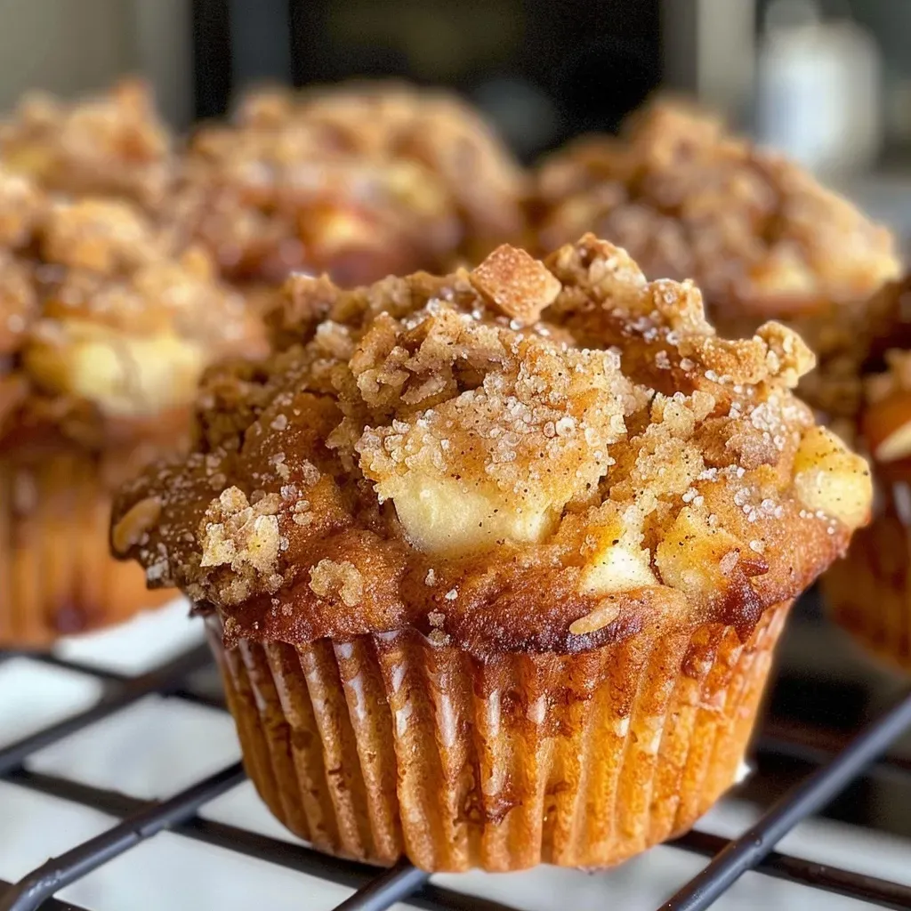 Side angle of warm apple cinnamon muffins showcasing their fluffy texture and apple chunks.
