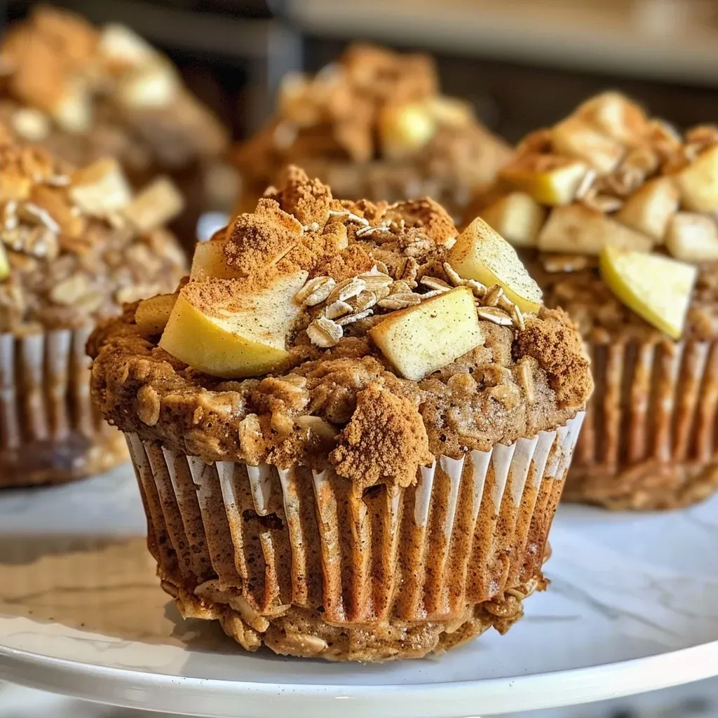 Side angle of freshly baked apple cinnamon muffins showcasing their fluffy tops and apple chunks.