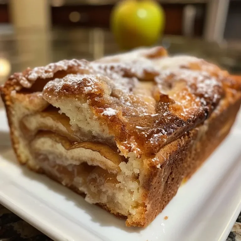 Embracing Warmth: The Apple Cinnamon Swirl Loaf That Invites Joy to Every Table Close-up side view of a sliced apple cinnamon swirl loaf with visible apple chunks and cinnamon swirls.
