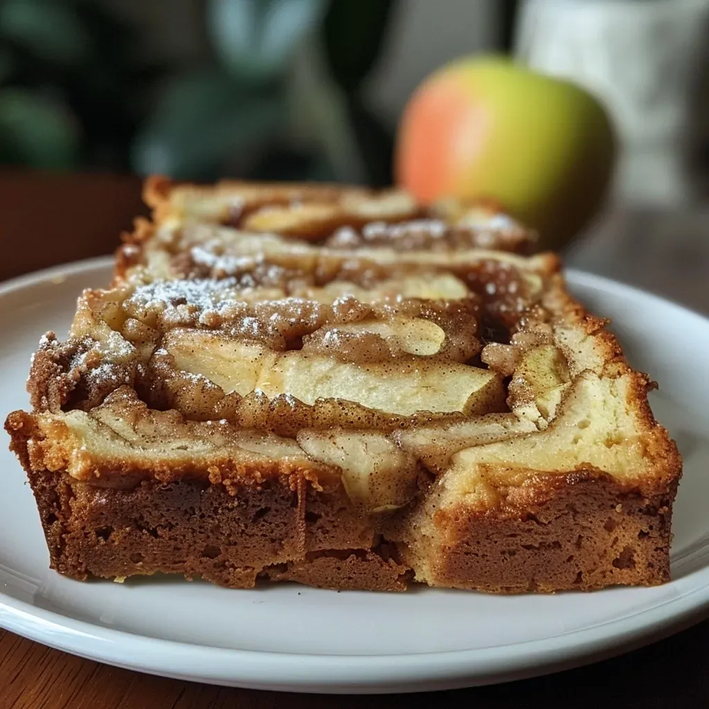 Homemade apple cinnamon swirl loaf, showcasing a golden crust and moist interior filled with apple pieces.
