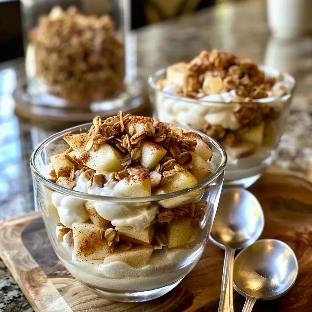 Layered Apple Crisp Parfaits in a glass with visible apple chunks and granola.