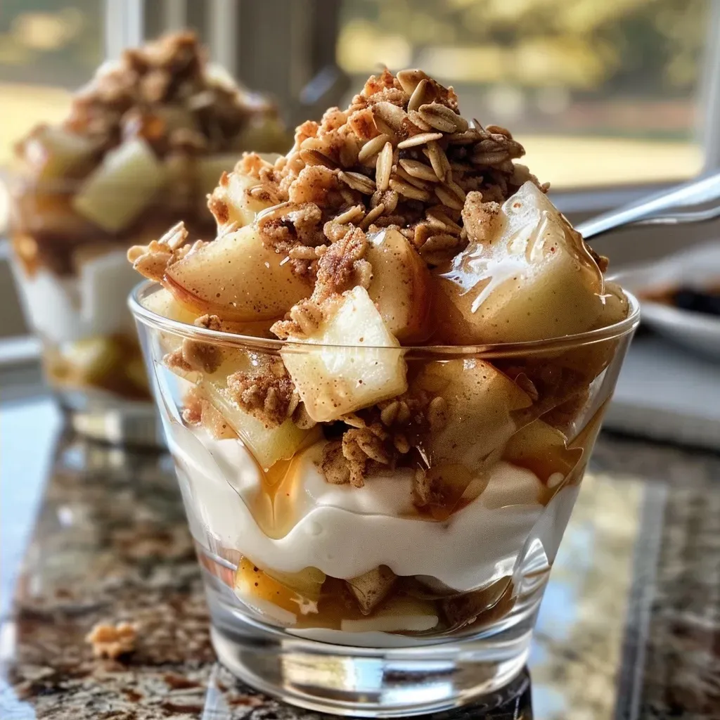 Close-up view of Apple Crisp Parfaits showcasing yogurt, apples, and granola.