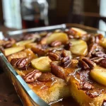 Close-up view of a slice of Apple French Toast Casserole topped with diced apples and pecans.