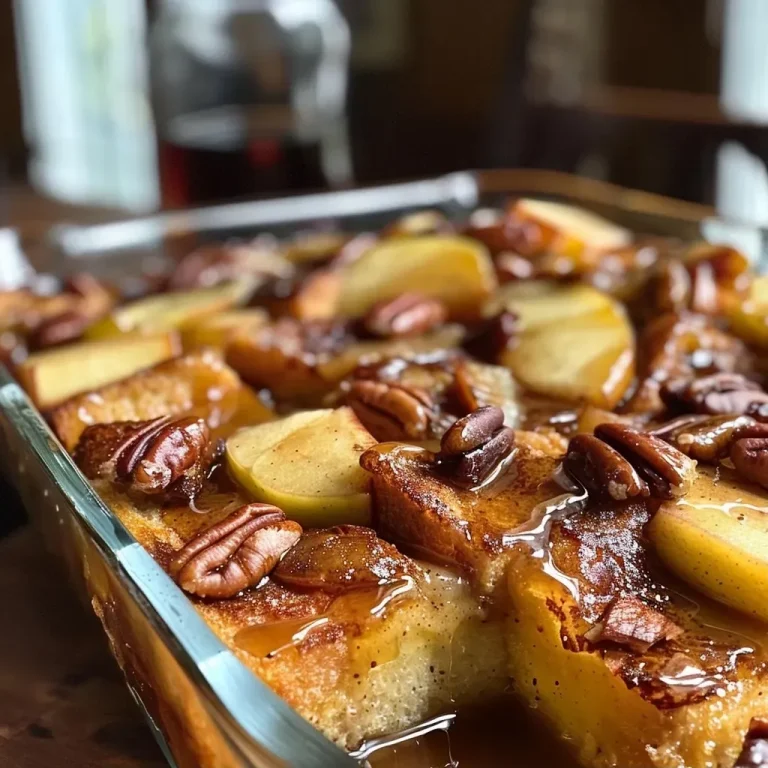 Gather ‘Round: The Heartwarming Apple French Toast Casserole That Whispers of Home Close-up view of a slice of Apple French Toast Casserole topped with diced apples and pecans.