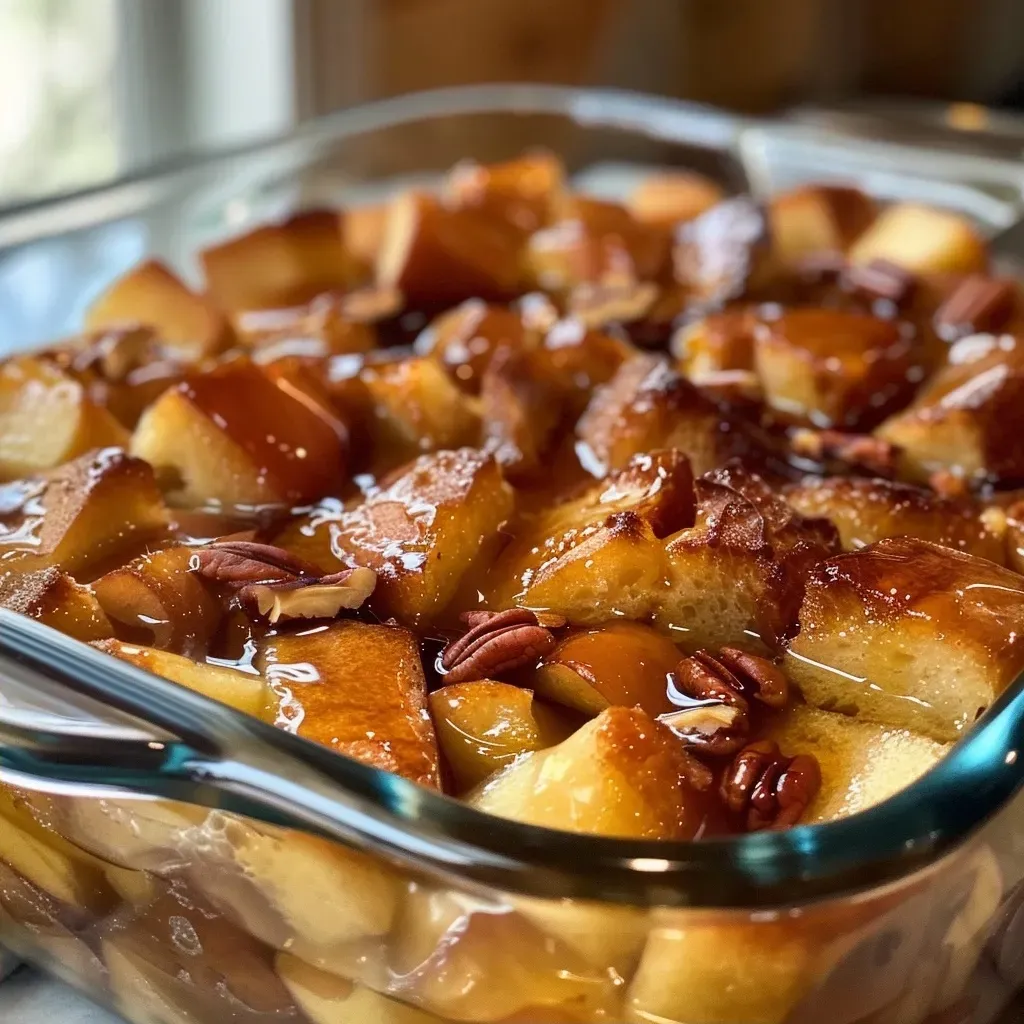 Side view of a delicious Apple French Toast Casserole with a golden-brown crust and visible apple chunks.
