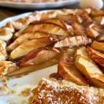 Close-up side view of a freshly baked apple galette with a golden crust and juicy apple filling.