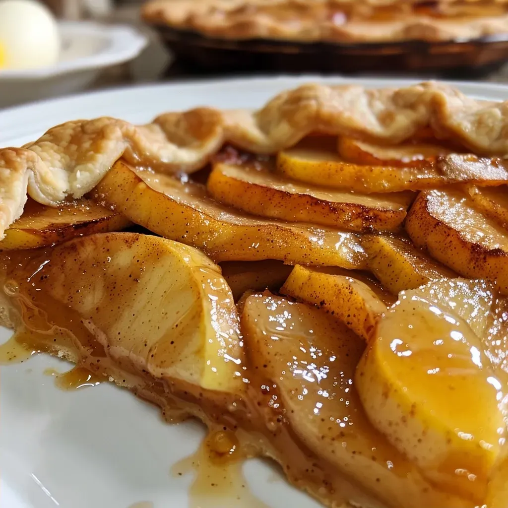 Tasty apple galette displaying layers of sliced apples and a flaky pastry crust.