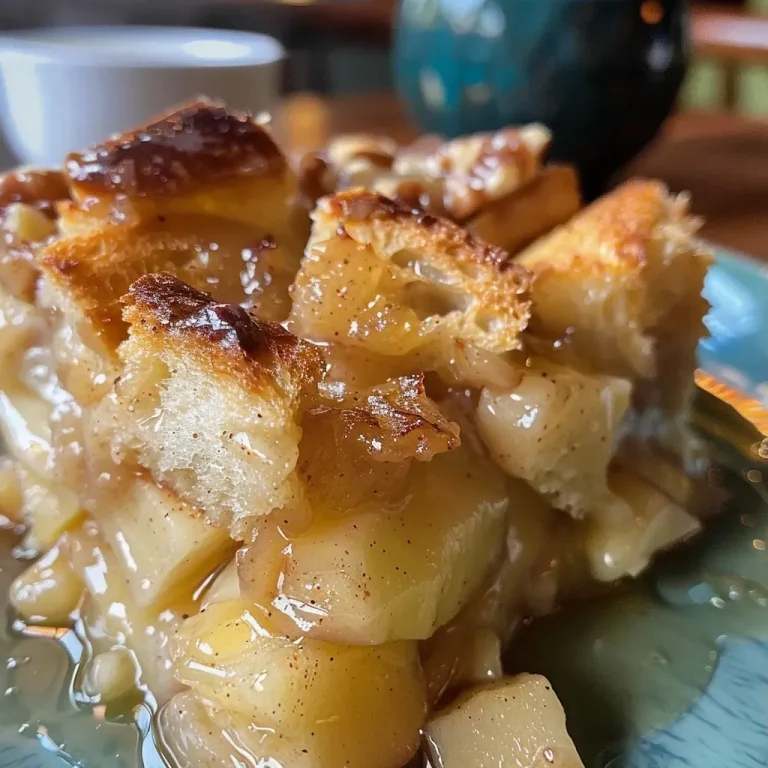 A Cozy Autumn Embrace: Apple Pie Bread Pudding That Warms the Soul Close-up view of a slice of Apple Pie Bread Pudding topped with a scoop of vanilla ice cream.