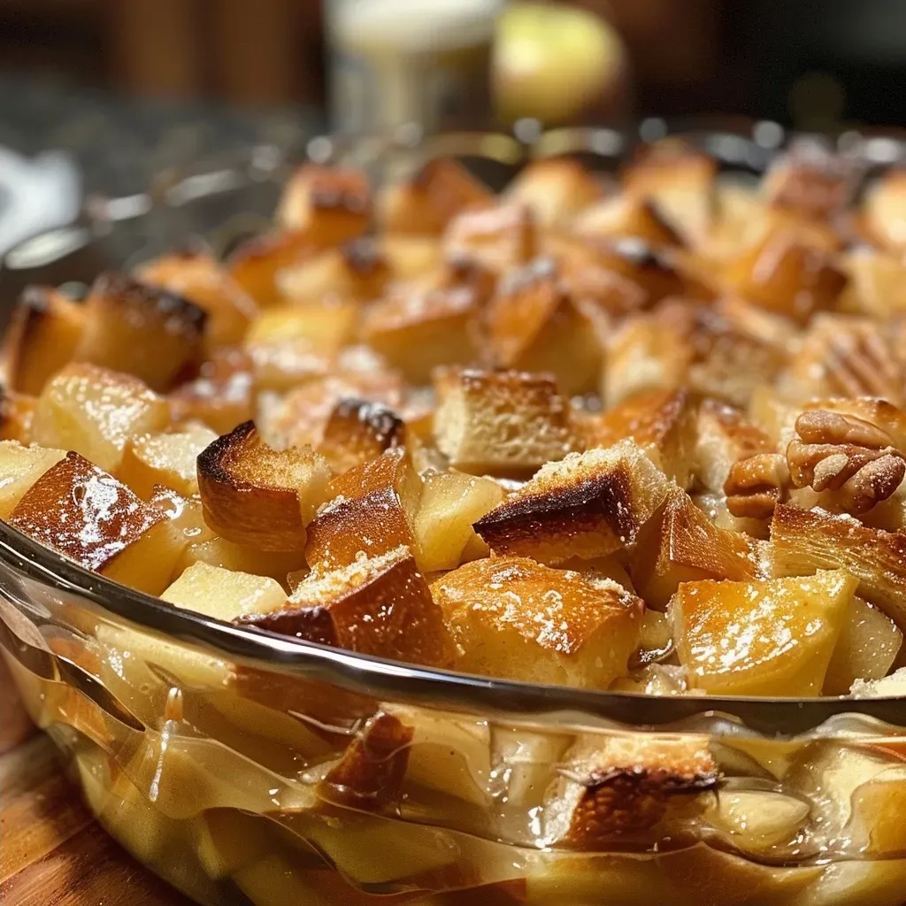 Side view of a serving of warm Apple Pie Bread Pudding, showcasing its gooey texture and apple chunks.